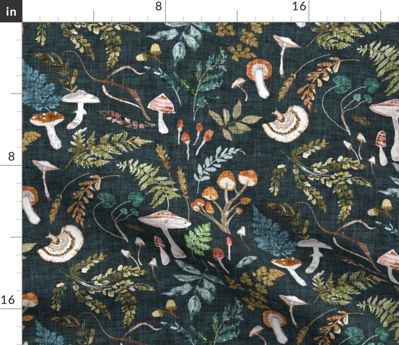 Mushrooms Moody Botanical Woodland Ferns Leaves Nature Cottagecore Custom Printed Fabric by Spoonflower Various Fabrics by the Yard or Fat Quarter